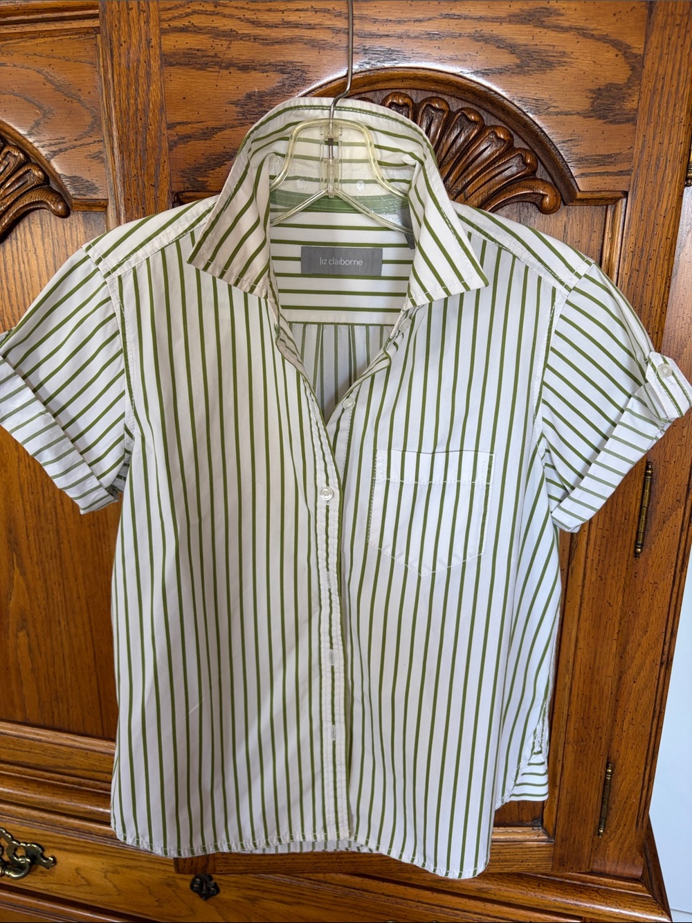 Liz Claiborne White Shirt with Green Vertical Stripes